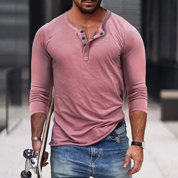 Camisa de manga larga ajustada en mezcla de algodón con cuello Henley para hombre - Imagen 3