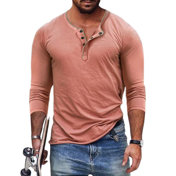 Camisa de manga larga ajustada en mezcla de algodón con cuello Henley para hombre - Imagen 7