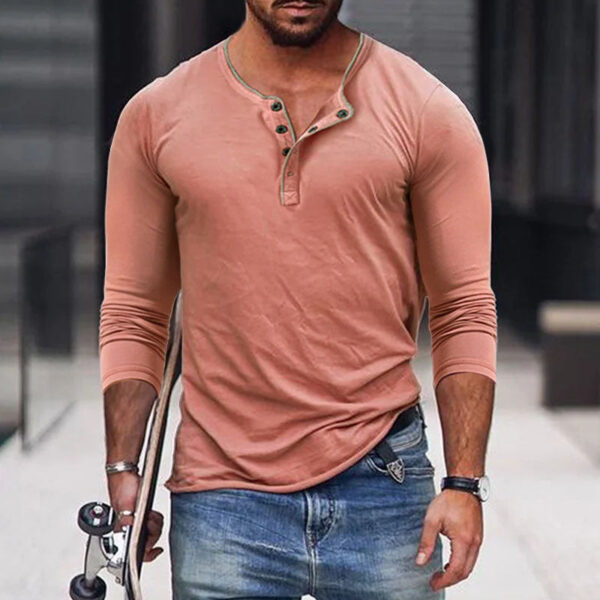 Camisa de manga larga ajustada en mezcla de algodón con cuello Henley para hombre - Imagen 5