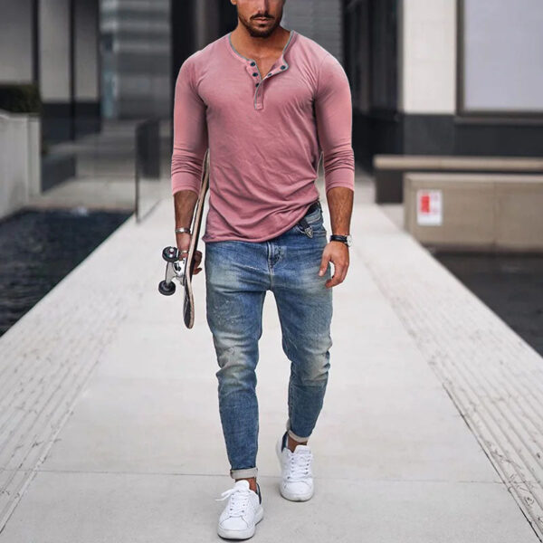 Camisa de manga larga ajustada en mezcla de algodón con cuello Henley para hombre - Imagen 4