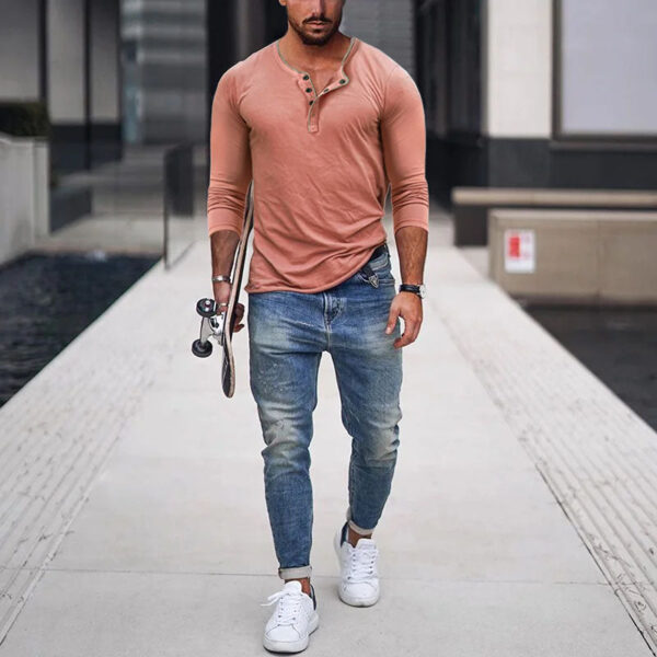 Camisa de manga larga ajustada en mezcla de algodón con cuello Henley para hombre - Imagen 6